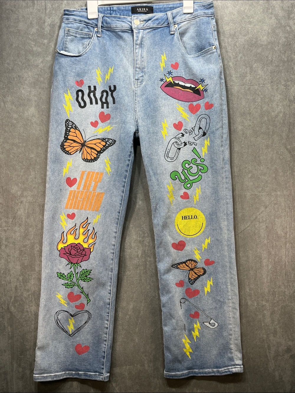 AKIRA Graphic Butterfly Pop Art Jeans Y2K Straight Leg Size 17